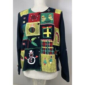 VTG Michael Simon Christmas Sweater Womens L Button Up-Flakes,Mitts, Trees,Candy